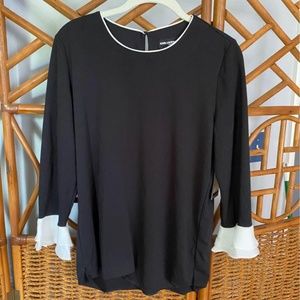 New w/  Tag Karl Lagerfeld Long Sleeve Black Blouse w/ White Frilly Cuffs